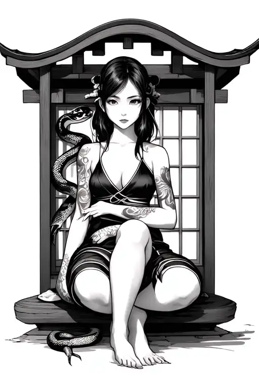 Japanese Girl Sitting Outside Shrine Window With Snake Protector Wrapping Around Arm