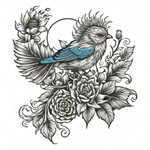 Sun And Bluebird With Plants Around