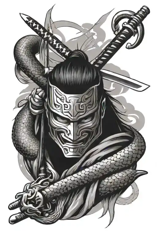 Katana With Japanese Warrior Mask And Snakes Wrapped