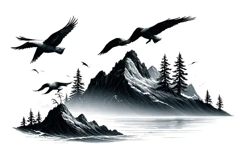 Mountain Trees Ocean Birds