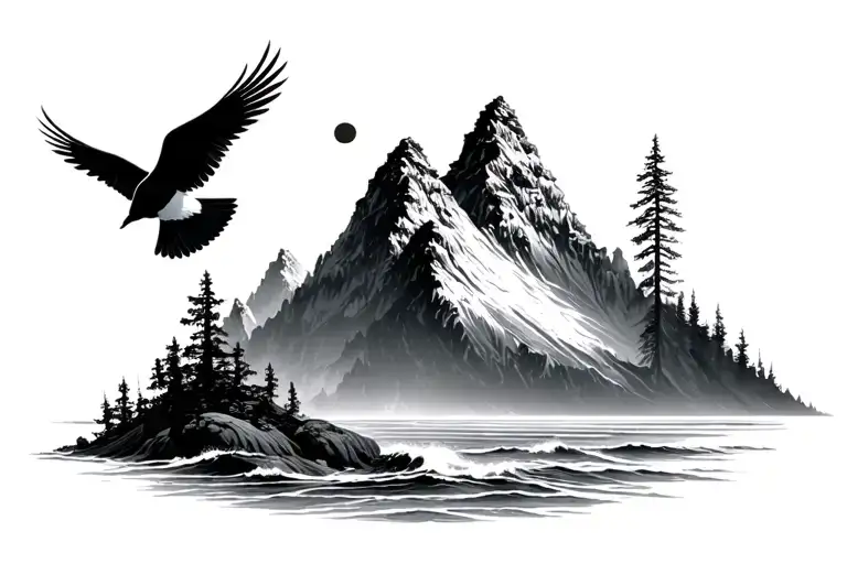 Mountain Trees Ocean Birds
