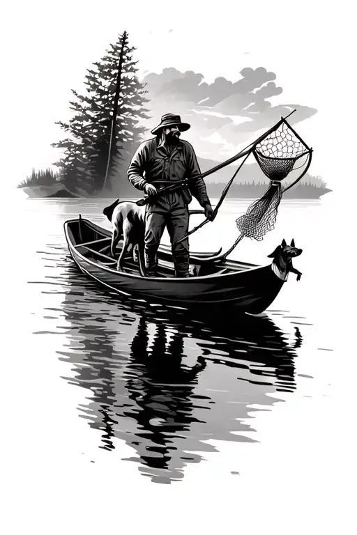 A Hunter To Do With His Dog And In The Background A Man On A Boat That Launches A Fish Net On A Lake