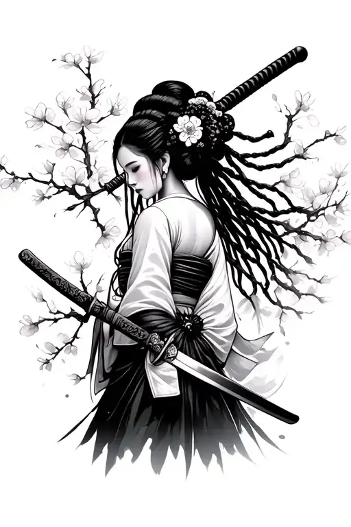 Black Geisha Girl With Dreadlocks Katana Sword And Cherry Blossom In The Background