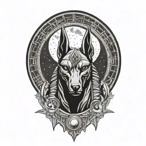 Anubis Facing Forward In Front Of Super Moon Surrounded By Stars