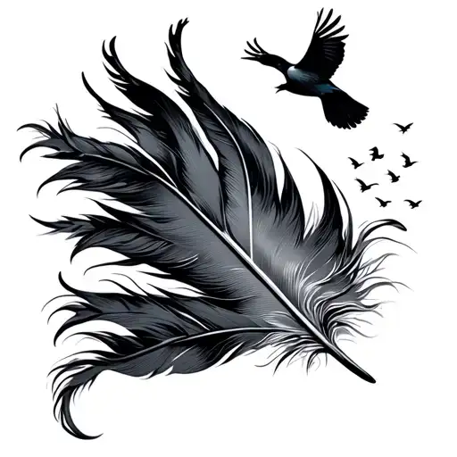 Single Feather With Birds Flying Away From The End Of It