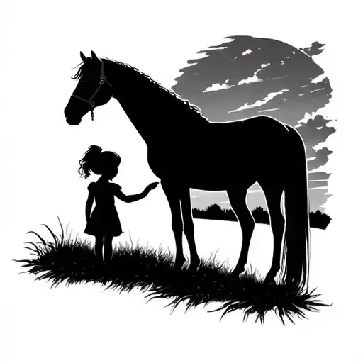 Horse Standing In Front Of Little Girl Silhouette Reaching