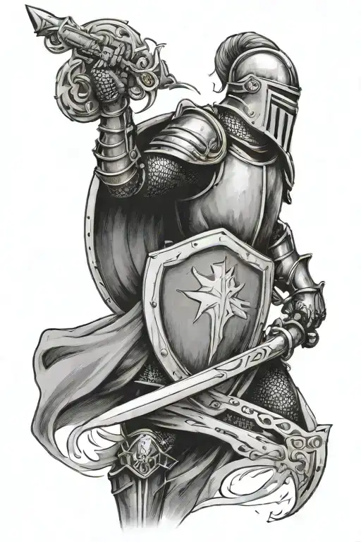 Knight In Defensive Stance Holding Sword And Shield