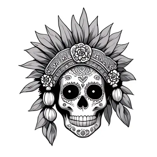 Sugar Skull Wearing A Headdress With Light Colour Shading