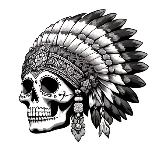 Sugar Skull Wearing A Full Headdress With Light Colour Shading