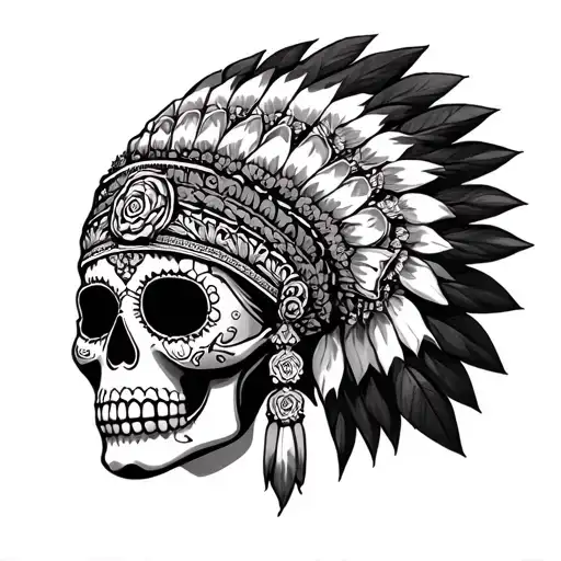 Sugar Skull Wearing A Full Headdress With Light Colour Shading