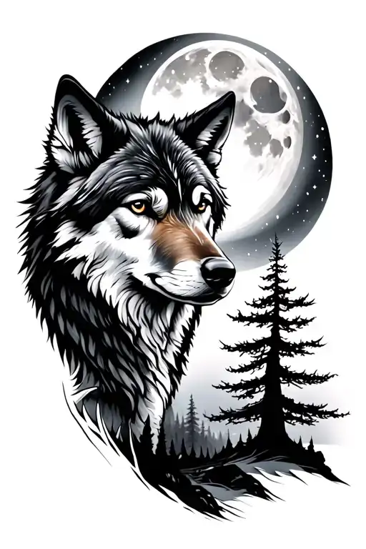 Wolf Northen Lights Moon Tree Line