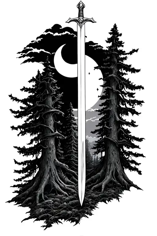 Forest With Moon And King Arthur's Sword