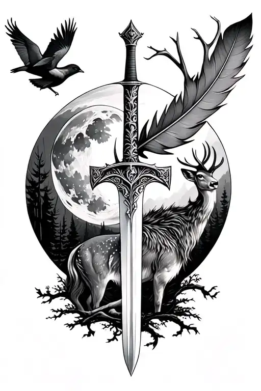 Forest With Moon And King Arthur's Sword And Stag Plus Quill Turning To Birds