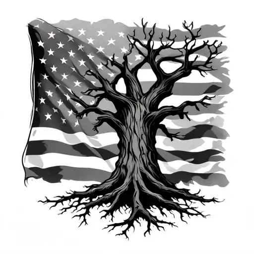 Oak Tree With 7 Branches And An American Flag Woven Into The Roots