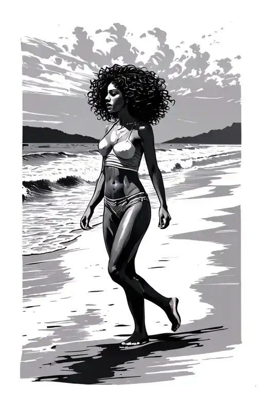 Woman With Curly Hair Walking On Beach