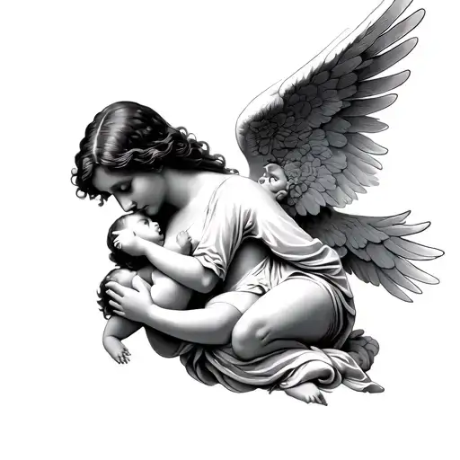 Angel Reaching Down To Baby In Mothers Arms