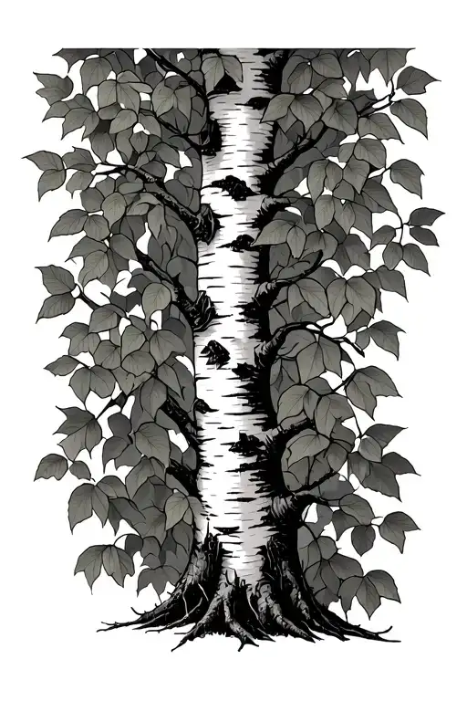 Birch Tree Intertwined With Leaves Growing And Falling