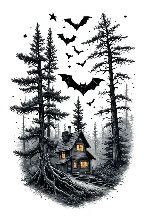 Pine Tree Forest Incorporating Bats And Starry Night Van Gogh