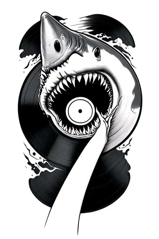 Shark Blackwork Biting A Vinyl Record