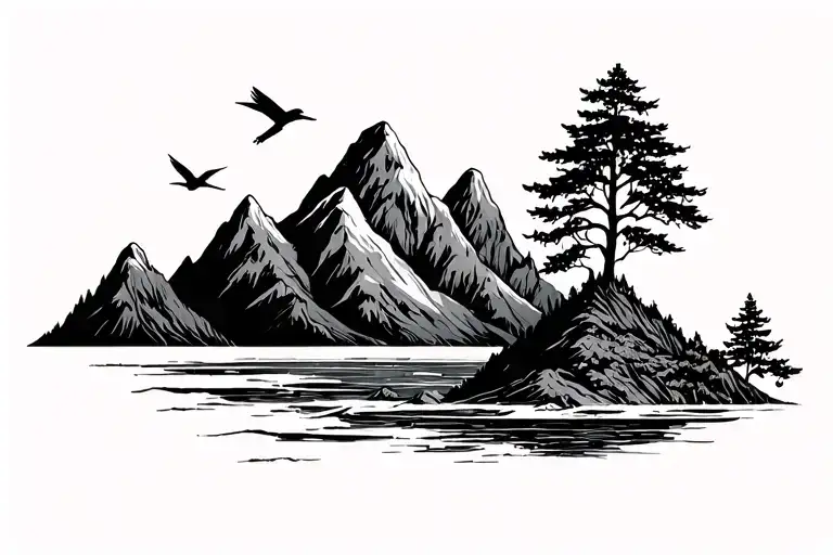 Black And White Mountains Ocean Trees Birds Simple