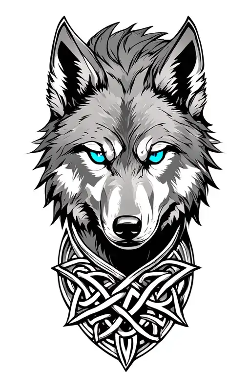 Wolf With Blue Eyes On Armor Tattoo Design Featuring Celtic Trinity Knot