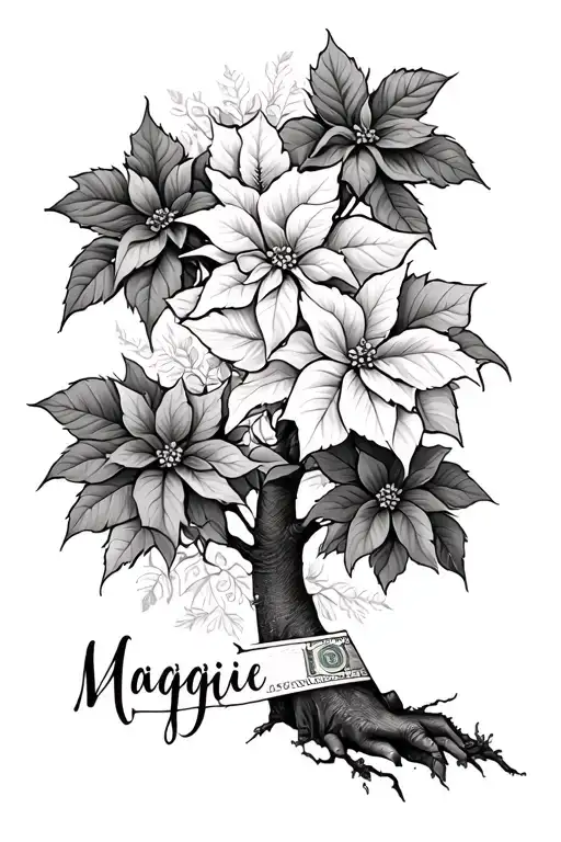 Money Tree And Poinsettia Flowers Mixed In Design With The Name Maggie On The Wrist