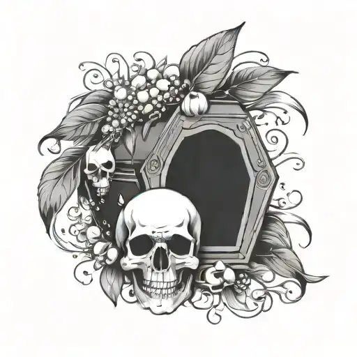 Coffin With A Skull Coming Out Of It And Integrating Lilly Of The Valley Flowers