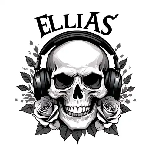 Elias Name With Roses And Skull Wearing Headphones