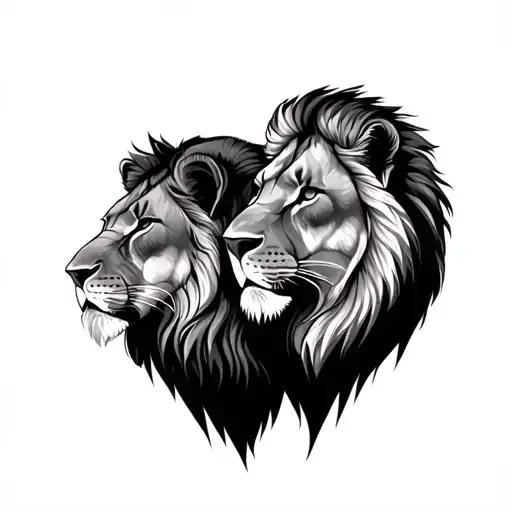 Profile Lion And Lioness Facing Eachother With Foreheads Together