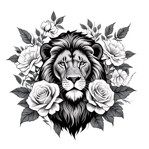 Lion And Roses And Carnation Flowers Surrounding