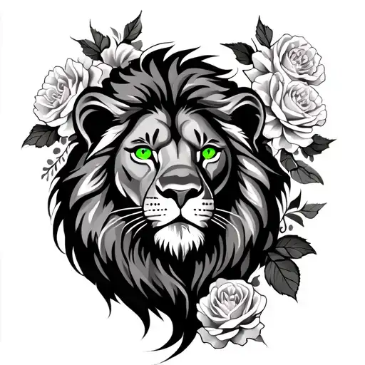 Lion With Green Eyes With Roses And Carnation Flowers Flowing Down The Leg