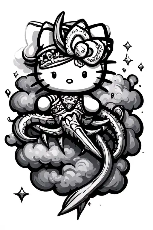 Hello Kitty With Trident Poseidon Style On Cloud