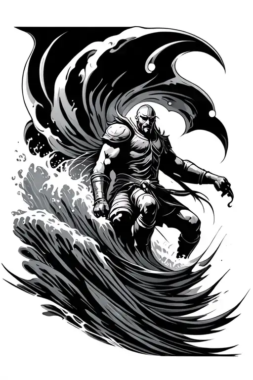 Stylistic Warrior Riding A Wave Merging Together