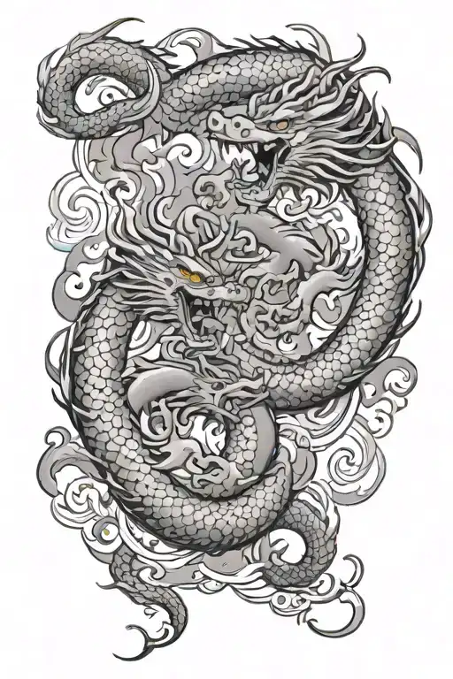 A Tattoo Of 2 Chinese Dragons Circling Eachother With Smoke Swirling Around Them