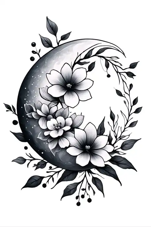 Thin Crescent Moon With Flowers Intertwined Minimalistic