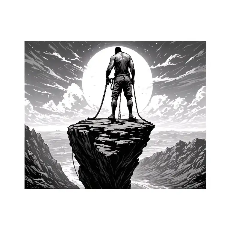 Man Standing Above A Cliff Looking Down With A Rope Looking Down At Someone With A Rope