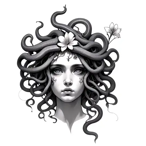 Medusa Face With 15 Snakes As Hair And One Flower In It