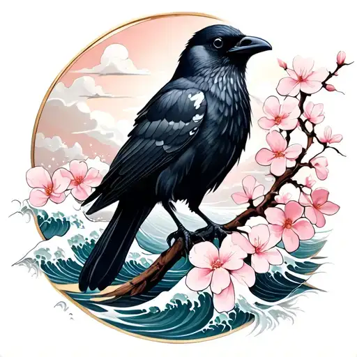 Black Crow With Sakura Flowers And Sea Waves Sept Sept