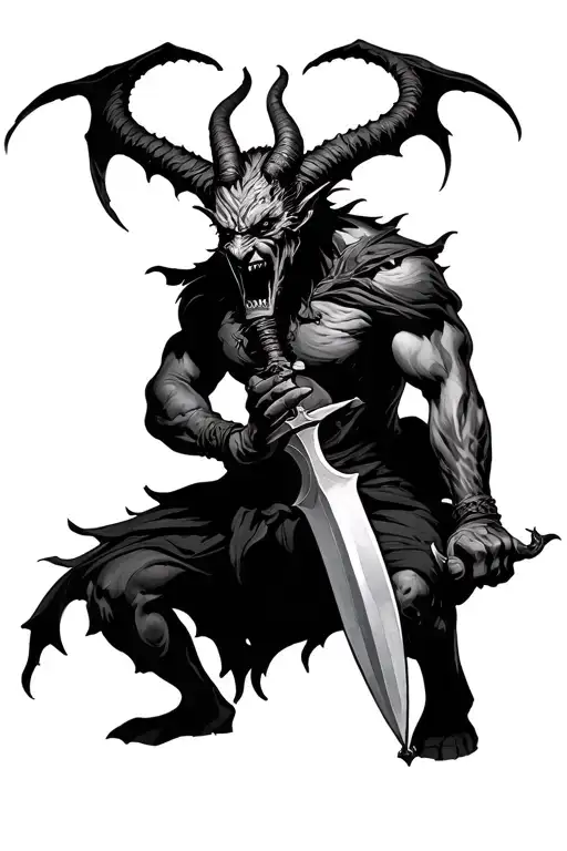 Devil Holding Weapon In Black And White