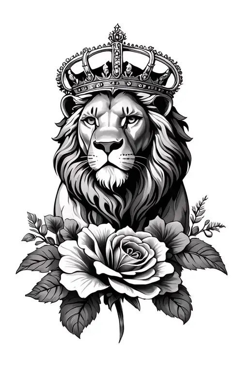 Crowned Lion With Roses Mayflowers Hibiscus Flower Blooming