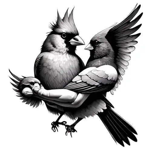 Cardinal Holding Her Baby In Her Wings