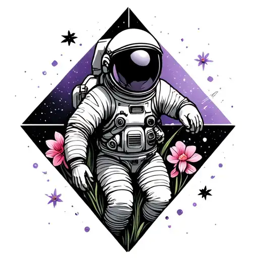 Cosmonaut Reaching In Space With Geometric Shapes With Purple Cosmos And Pink Daffodils