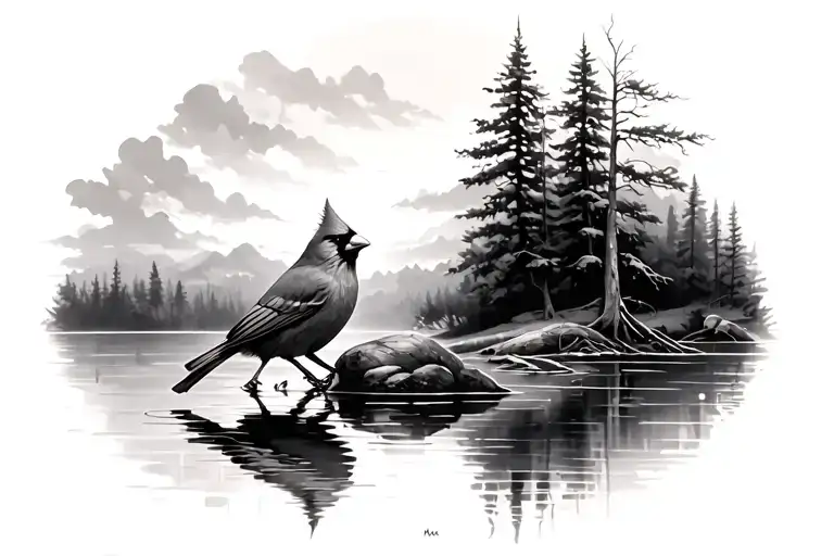 Cardinal By Lake Reflecting