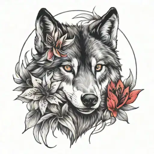 A Black And Grey Portrait Of A Wolf Surrounded By Red Lilies
