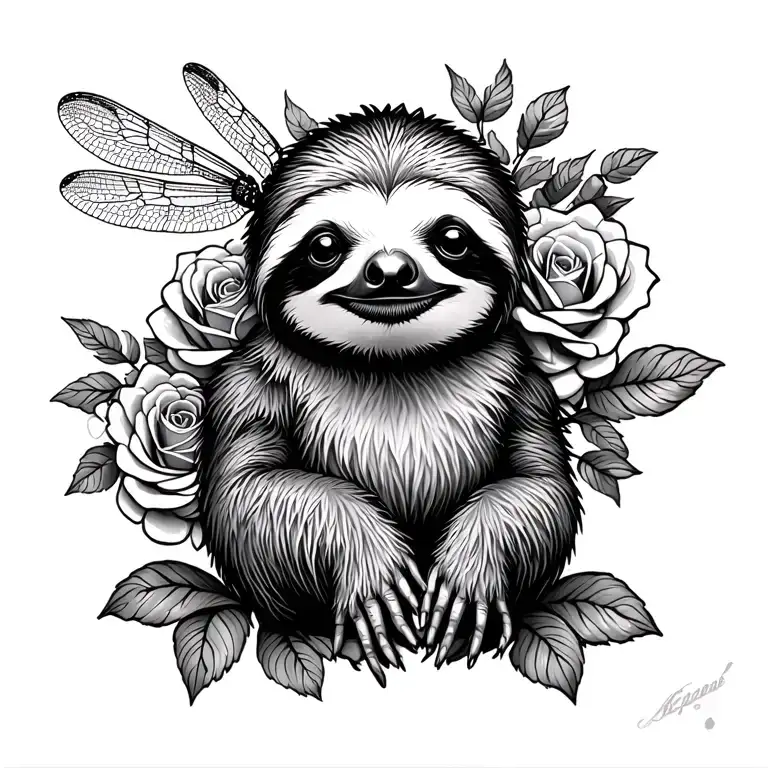 Baby Sloth Rose And Dragonfly Perched