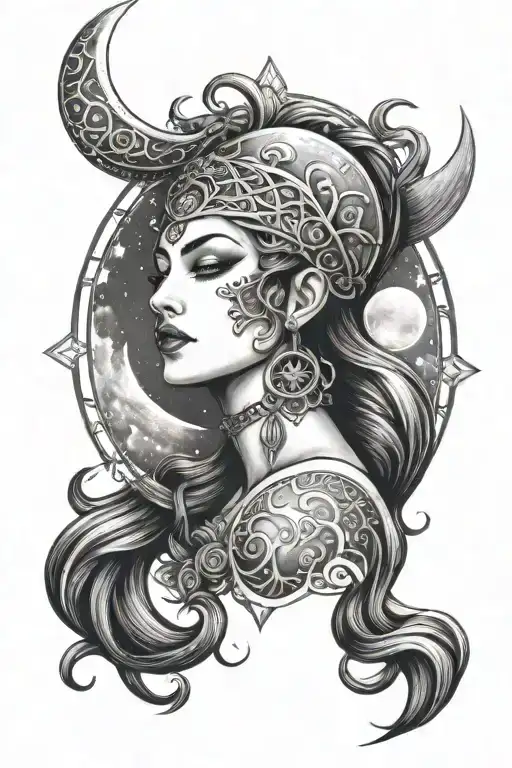Beautiful Moon Goddess With Triple Moon Symbol
