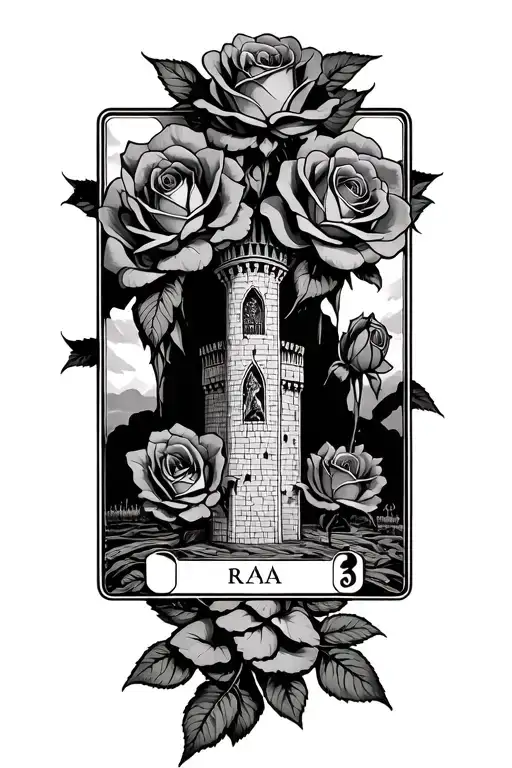 Dark Tower With Roses And Three Tarot Cards Arranged