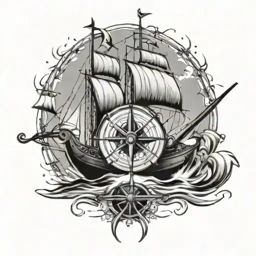 Create A Tattoo Of A Small Sailing Yaught With A Compass Using The Same Axes As The Boat