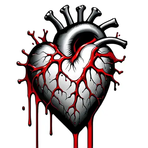 Black Heart Shape With Red Veins And Red Blood Dripping Down Forearm No Heart Valves