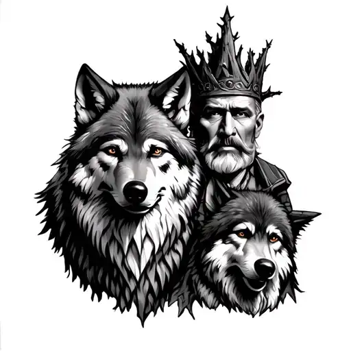 Old Man With A Tree Stump Crown With Wolf At His Side